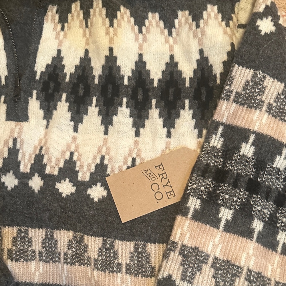 Frye Gray and Cream Argyle Zip-Up Sweater - Picture 2 of 4